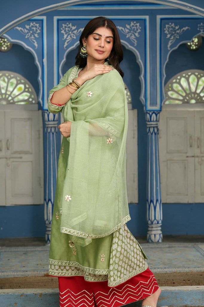 Sea Green Kotadoriya Dupatta With Fabric Borders