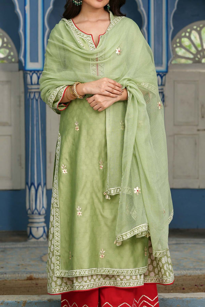Sea Green Kotadoriya Dupatta With Fabric Borders