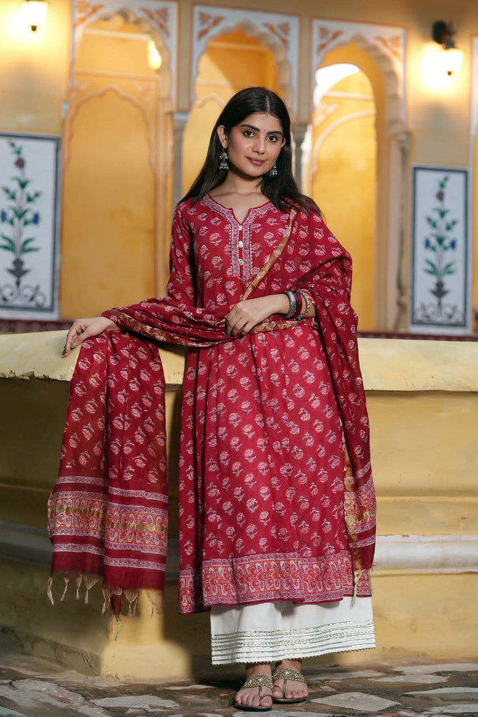 Hand Block Printed Chanderi Kurta In Red Color