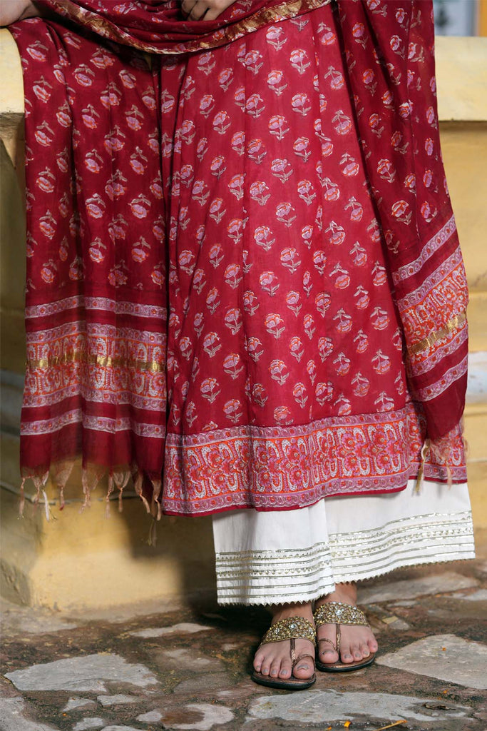 Hand Block Printed Chanderi Kurta In Red Color