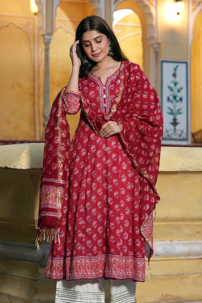 Hand Block Printed Chanderi Kurta In Red Color