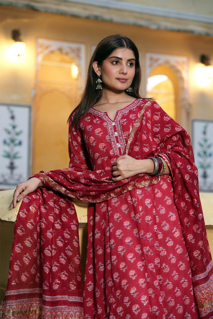 Hand Block Printed Chanderi Kurta In Red Color