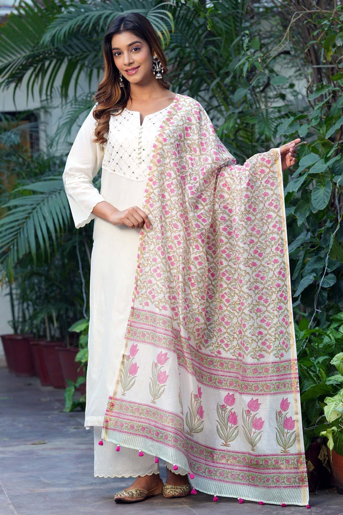 Hand Block Printed Cream Chanderi Dupatta