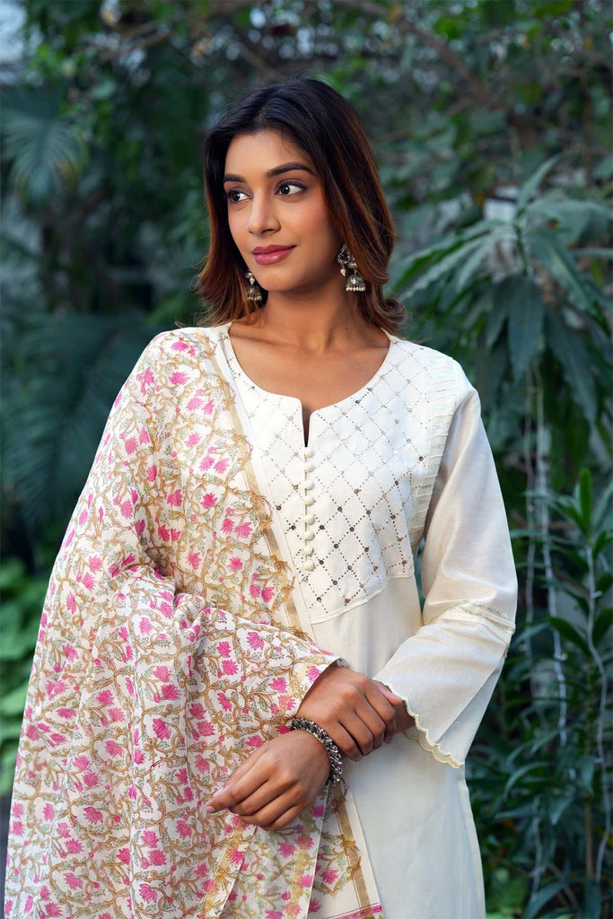 Hand Block Printed Cream Chanderi Dupatta