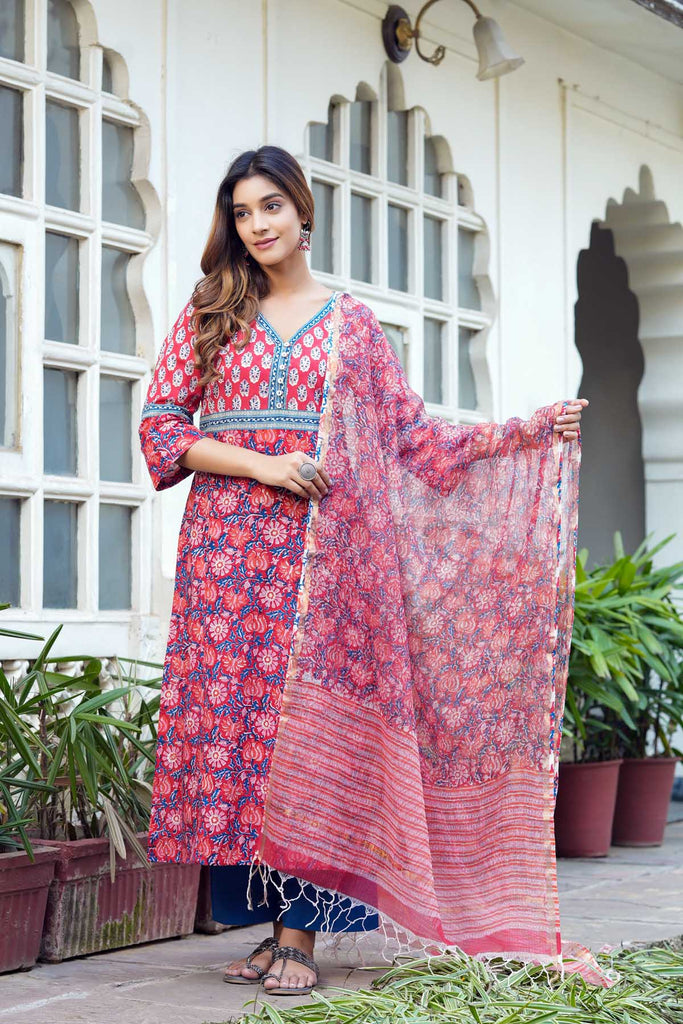 Red Hand Block Printed Kotadoriya Dupatta