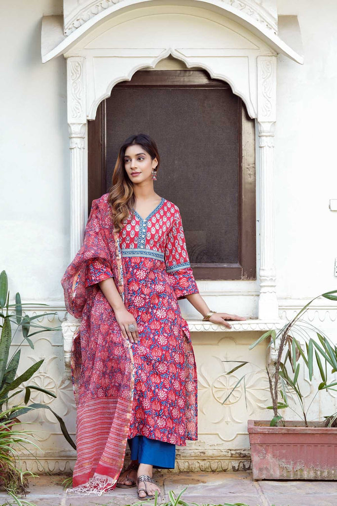 Red Hand Block Printed Kotadoriya Dupatta