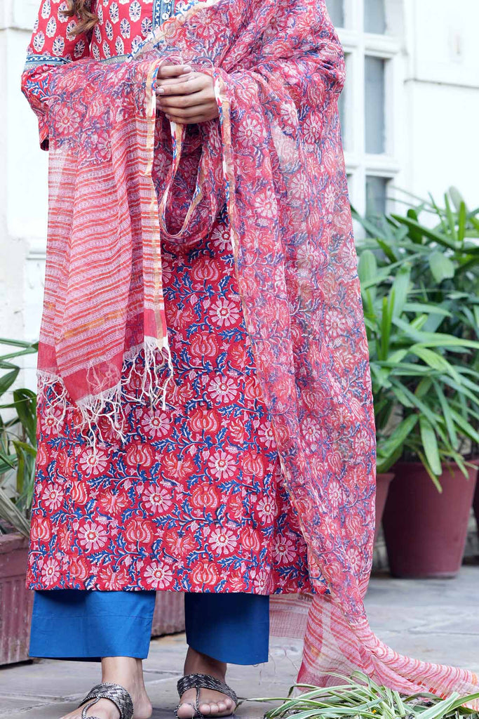 Red Hand Block Printed Kotadoriya Dupatta