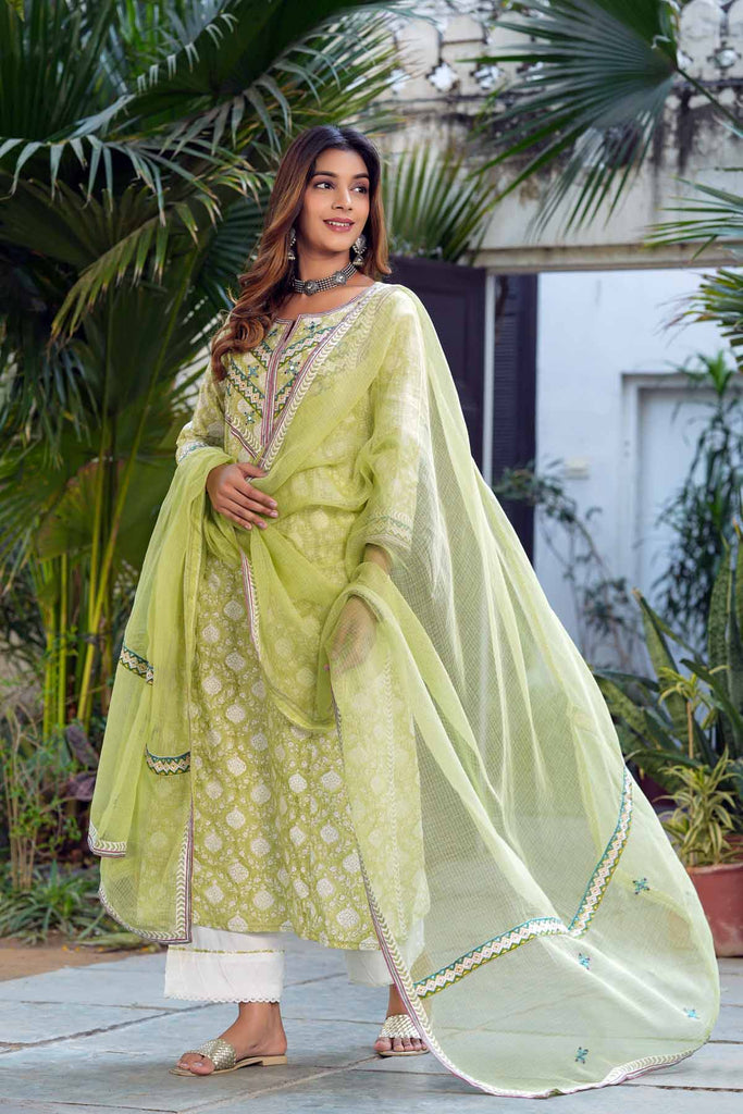 Lime Green Kotadoriya Dupatta With Fabric Borders