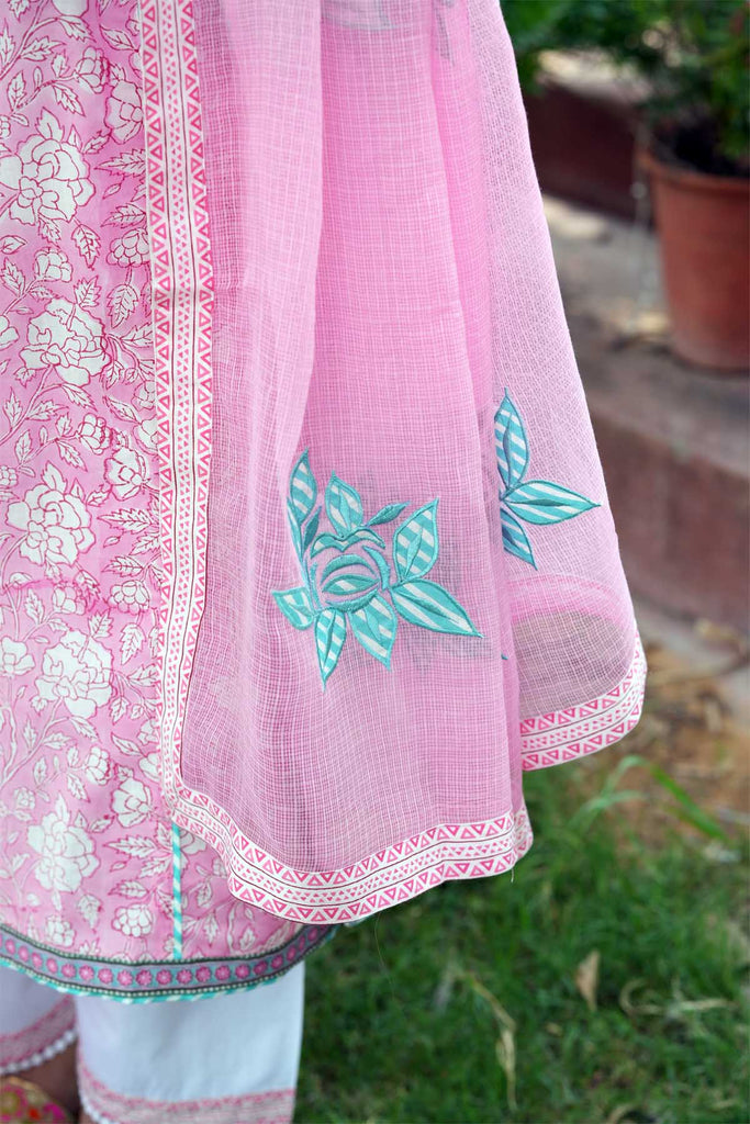 Pink Kotadoriya Dupatta With Applique Work