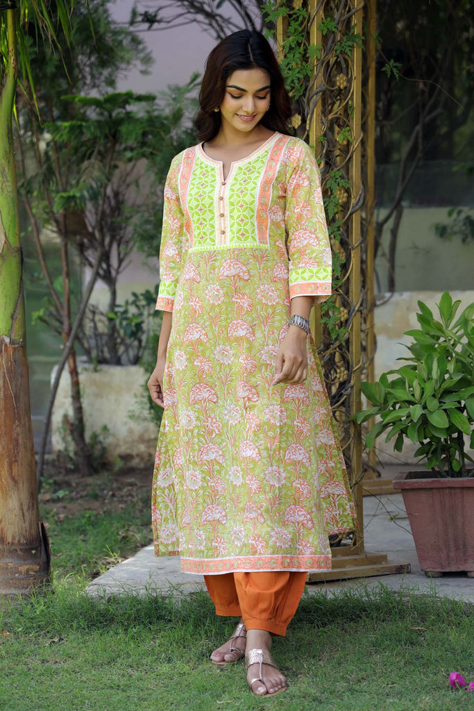 Olive Green Hand Block Kurta In Straight Fit Style