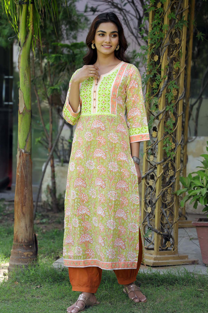 Olive Green Hand Block Kurta In Straight Fit Style
