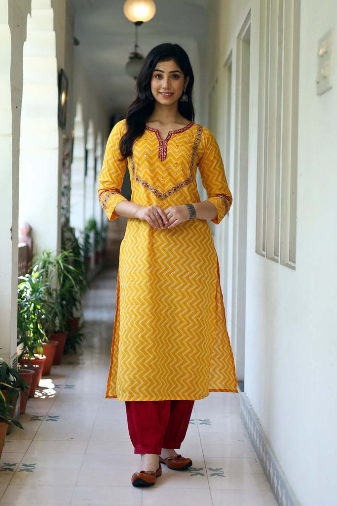 Mustard Yellow Cotton Kurta In Straight Fit Style