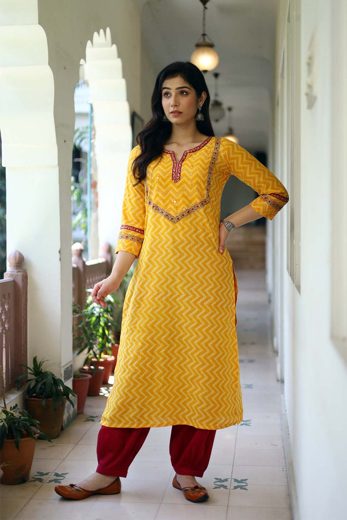 Mustard Yellow Cotton Kurta In Straight Fit Style