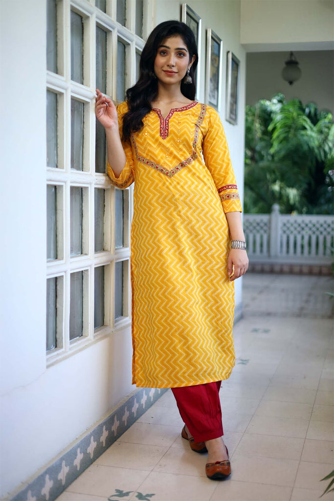 Mustard Yellow Cotton Kurta In Straight Fit Style