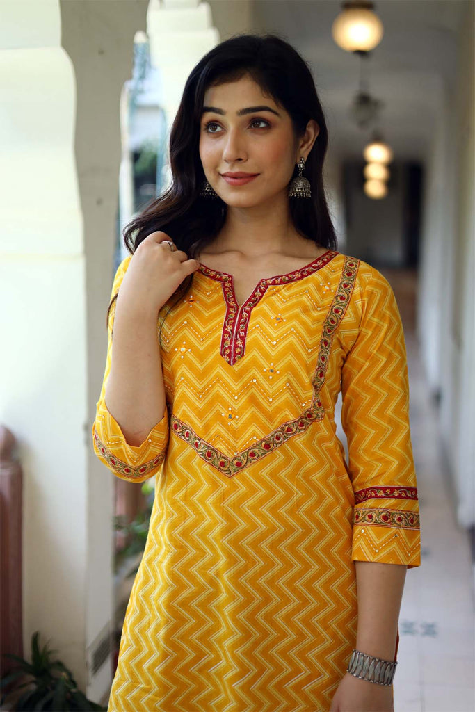 Mustard Yellow Cotton Kurta In Straight Fit Style