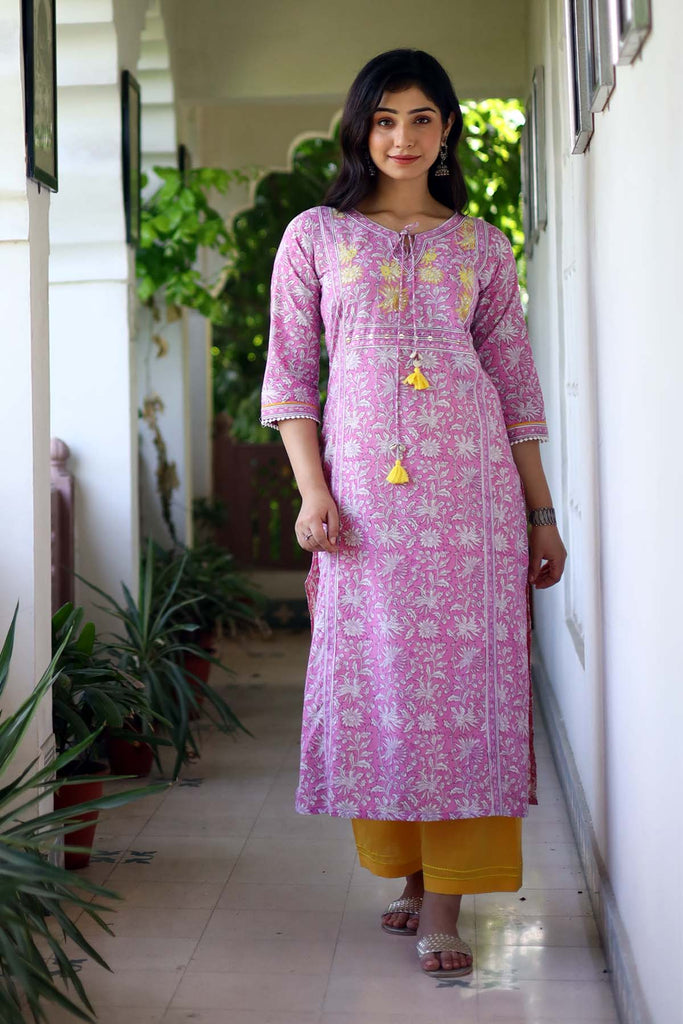 Straight Fit Hand Block Print Kurta In Light Purple