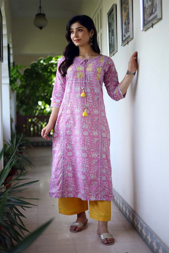 Straight Fit Hand Block Print Kurta In Light Purple