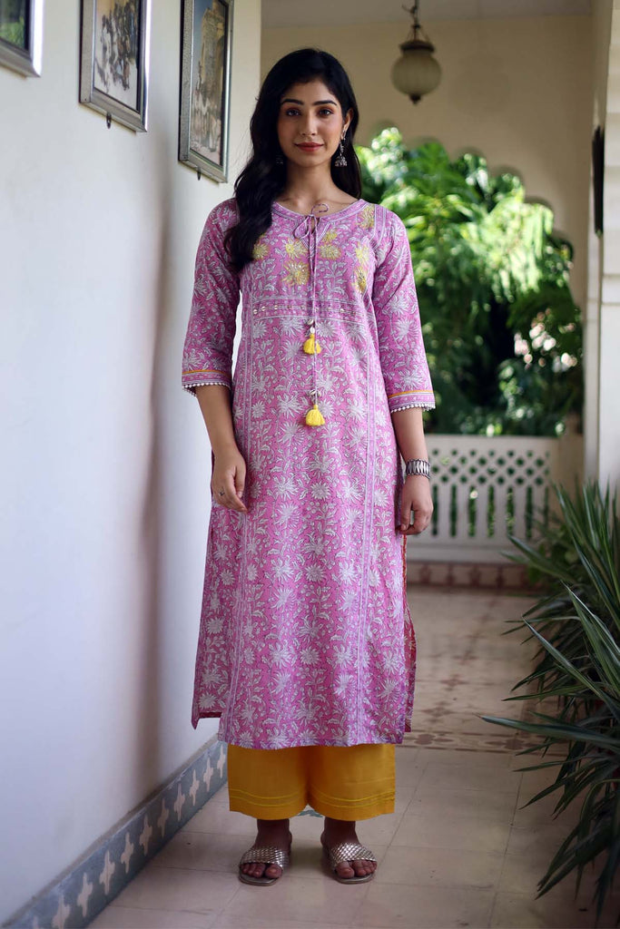 Straight Fit Hand Block Print Kurta In Light Purple