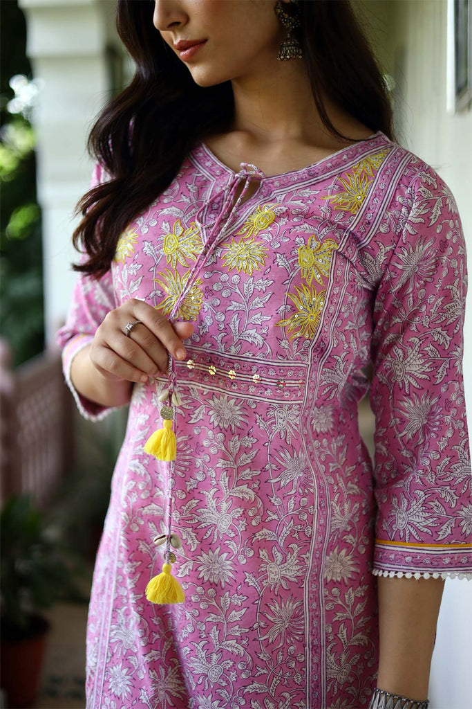 Straight Fit Hand Block Print Kurta In Light Purple