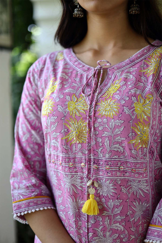 Straight Fit Hand Block Print Kurta In Light Purple