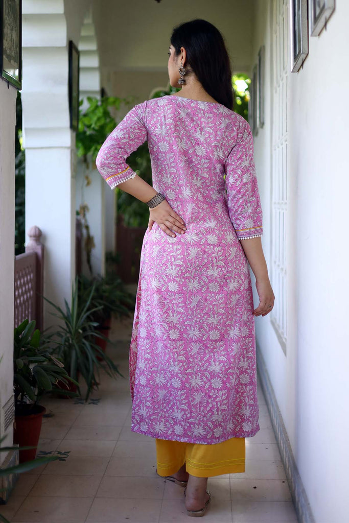 Straight Fit Hand Block Print Kurta In Light Purple