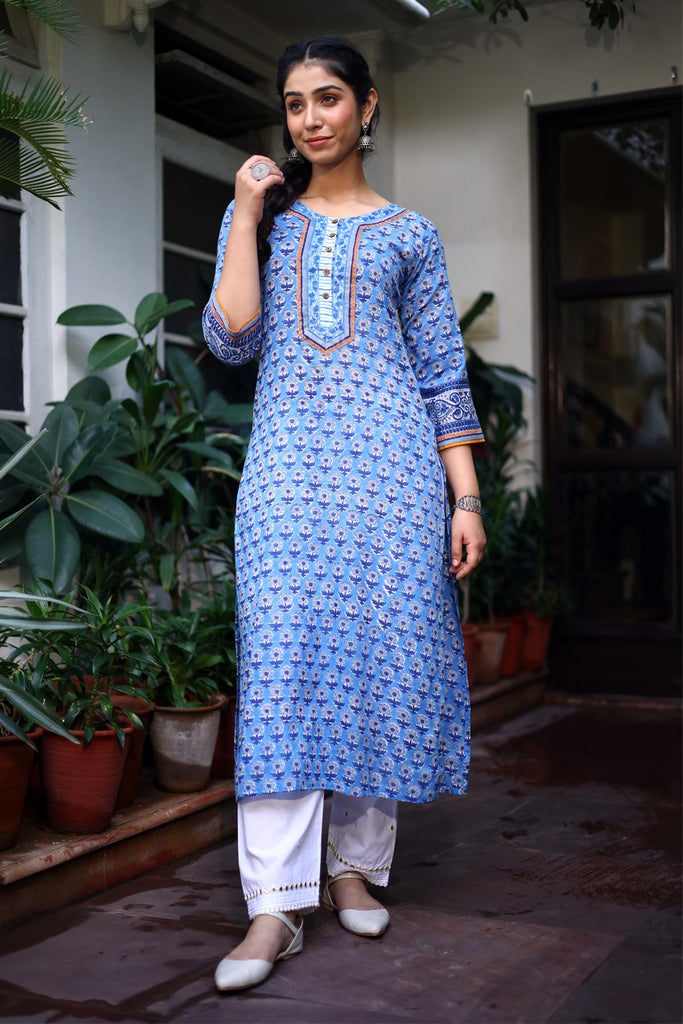 Blue Hand Block Print Kurta In Straight Fit Style