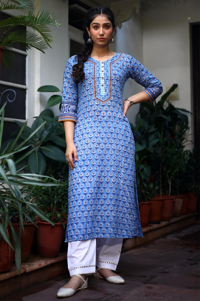 Blue Hand Block Print Kurta In Straight Fit Style