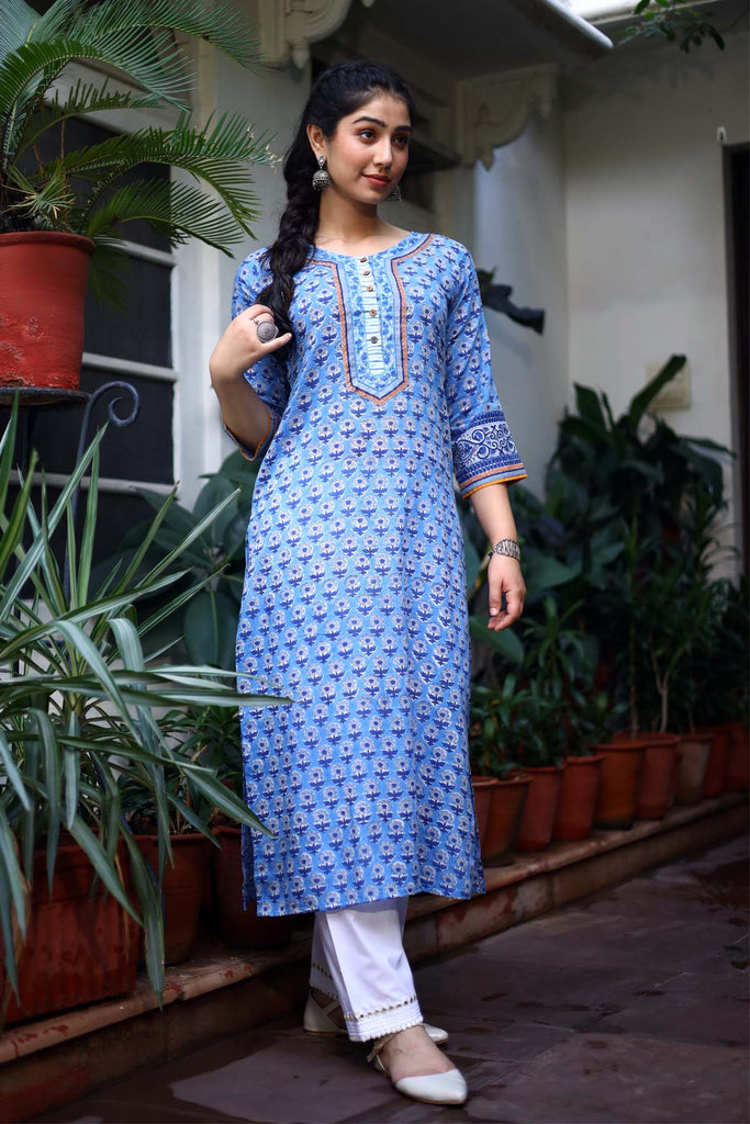 Blue Hand Block Print Kurta In Straight Fit Style