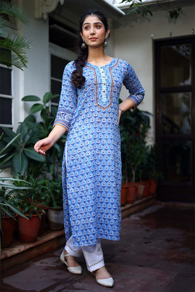 Blue Hand Block Print Kurta In Straight Fit Style