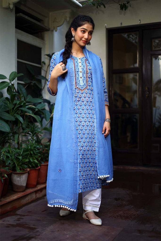 Blue Hand Block Print Kurta In Straight Fit Style