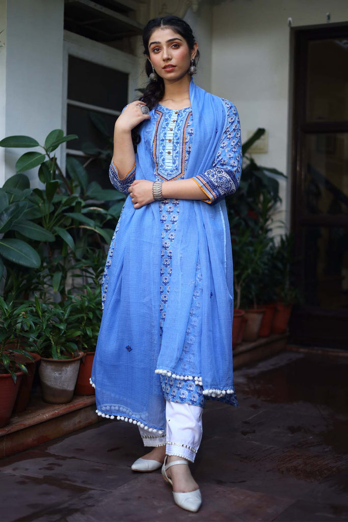 Blue Hand Block Print Kurta In Straight Fit Style