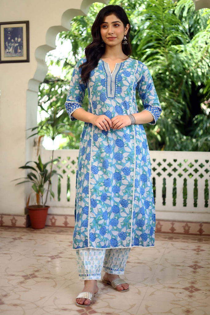 Blue Hand Block Floral Print Kurta In A-Line Style | cotrasworld