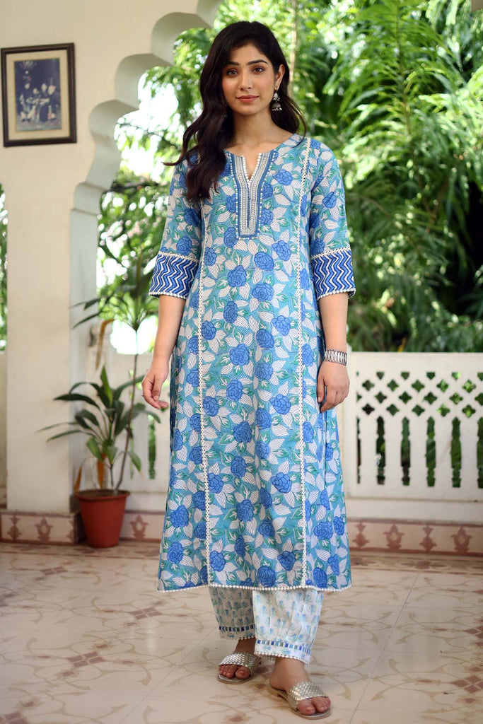 Blue Hand Block Floral Print Kurta In A-Line Style