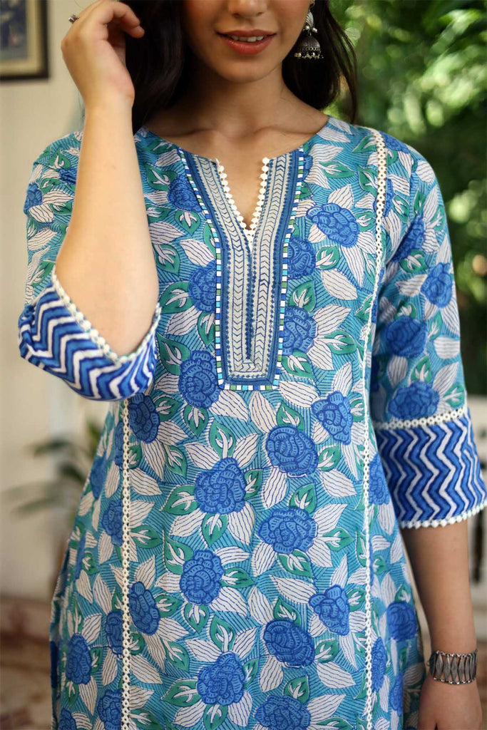 Blue Hand Block Floral Print Kurta In A-Line Style