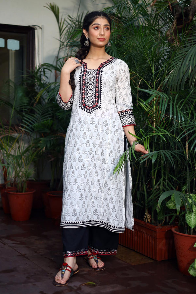 Black And White Hand Block Print A-Line Kurta