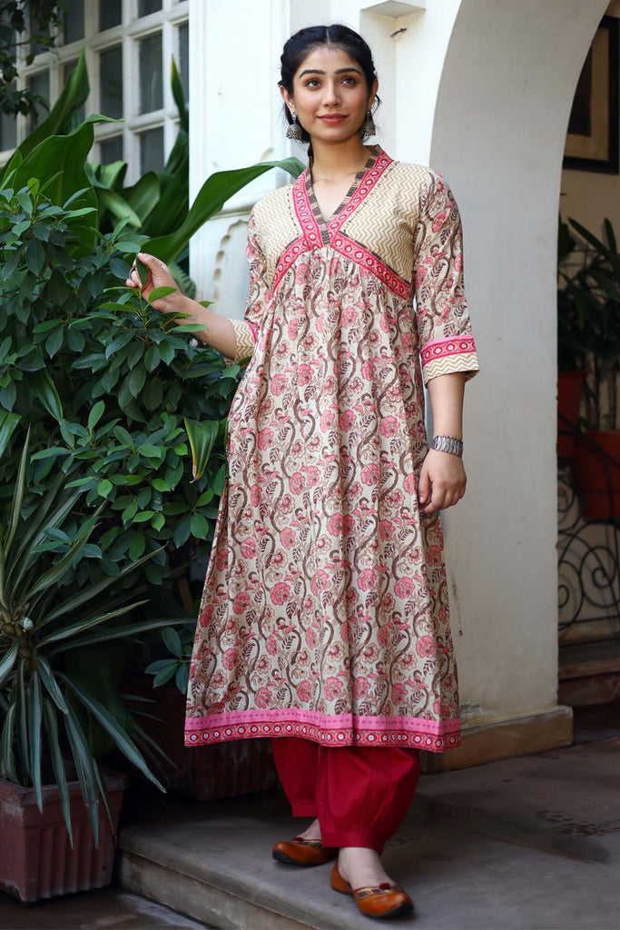 A-Line Kurta in Camel brown hand block print