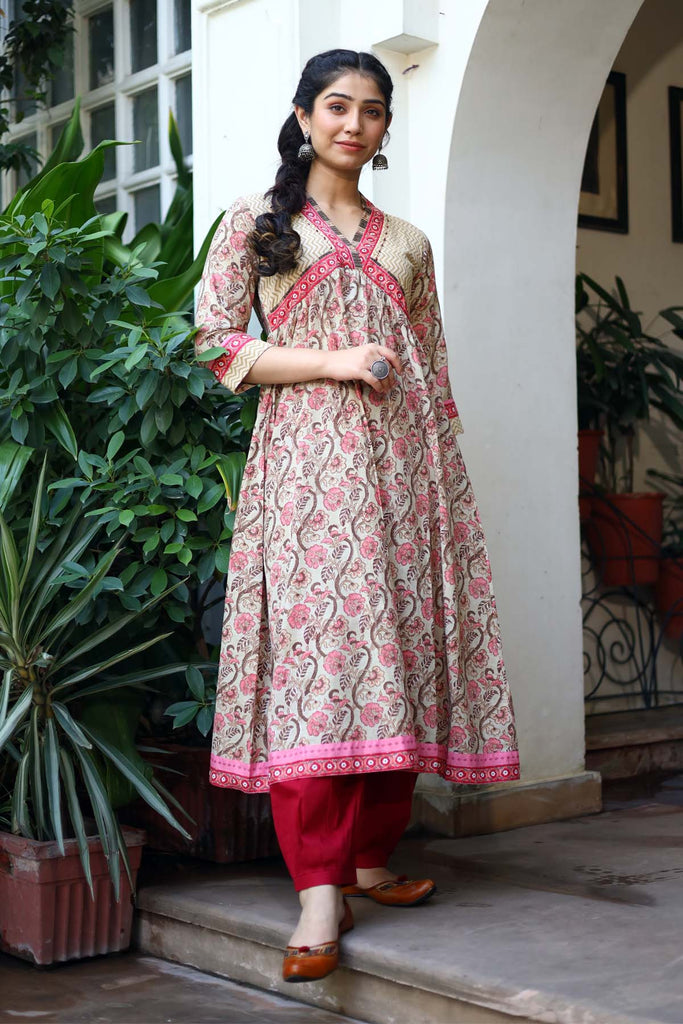 A-Line Kurta in Camel brown hand block print