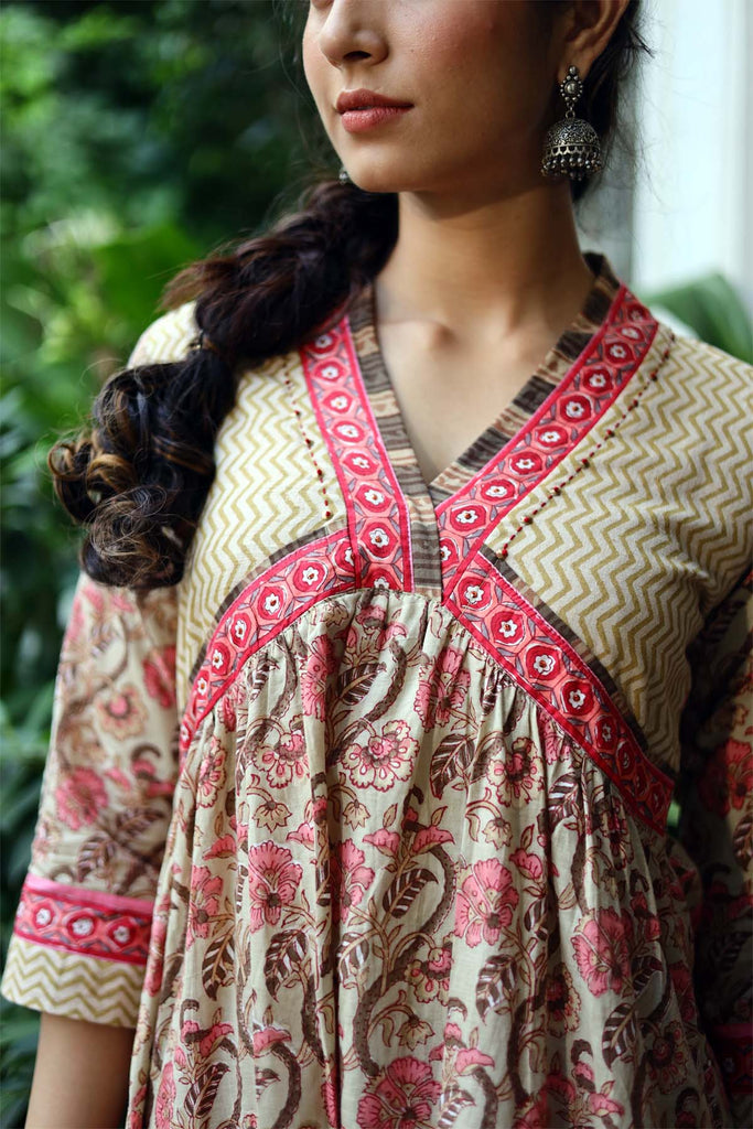 A-Line Kurta in Camel brown hand block print