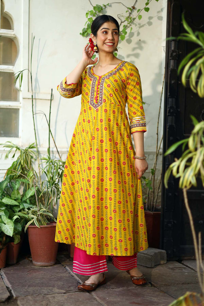 Yellow long kurti with bijiya gotta – Thread & Button