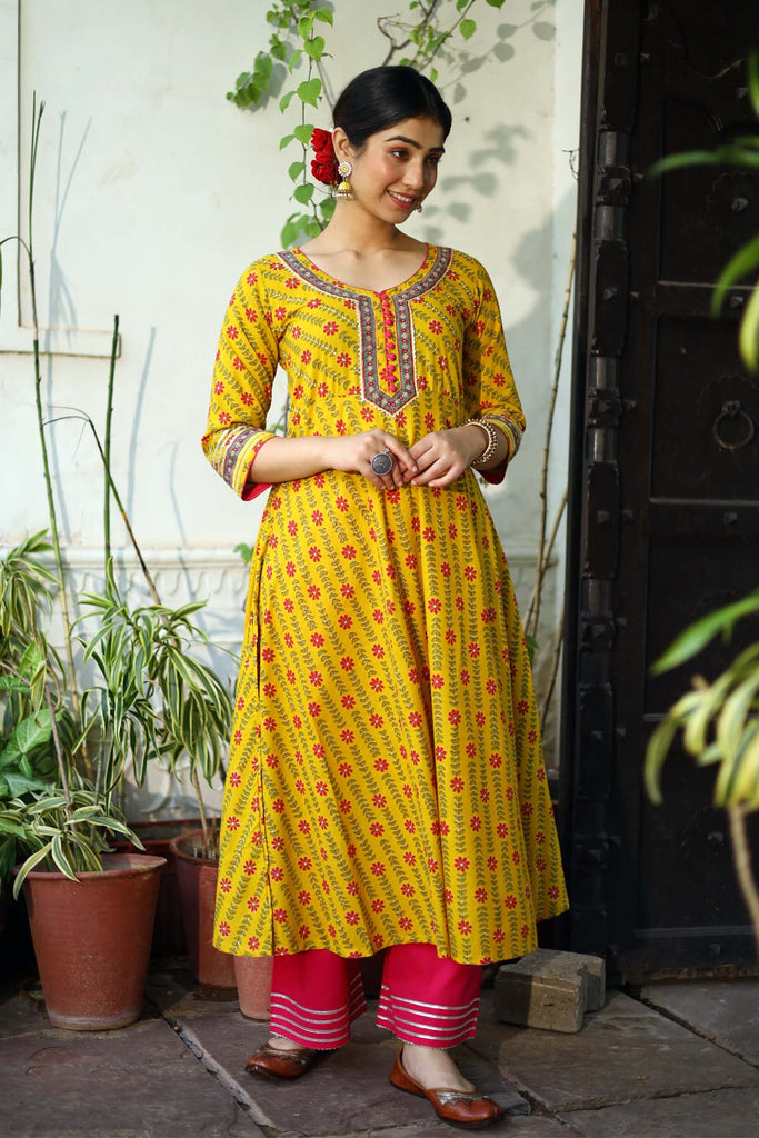 Umbrella cut long length kurta in haldi yellow color