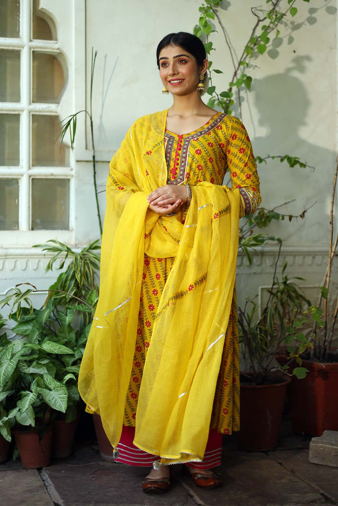 Umbrella cut long length kurta in haldi yellow color