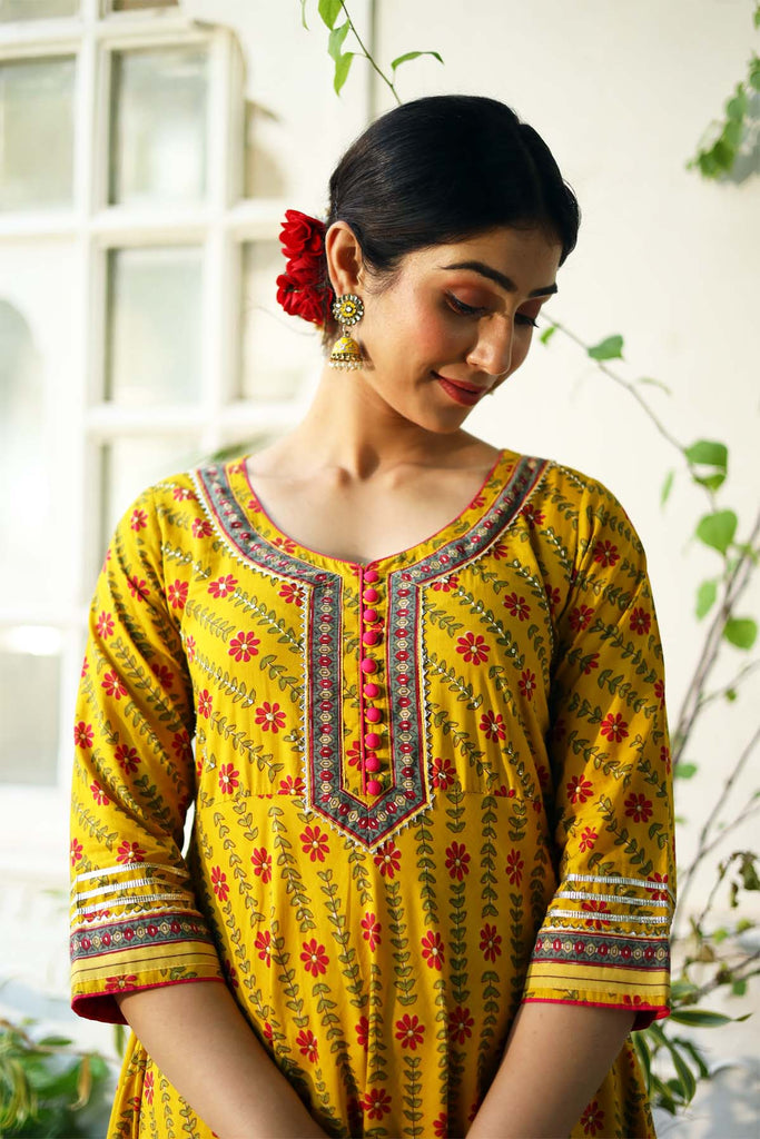 Umbrella cut long length kurta in haldi yellow color