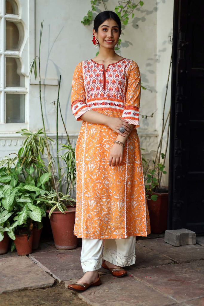 A-Line hand block print Kurta in Orange base color