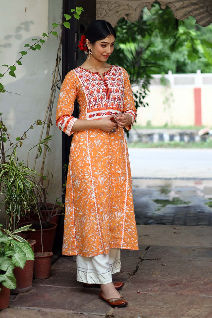 A-Line hand block print Kurta in Orange base color