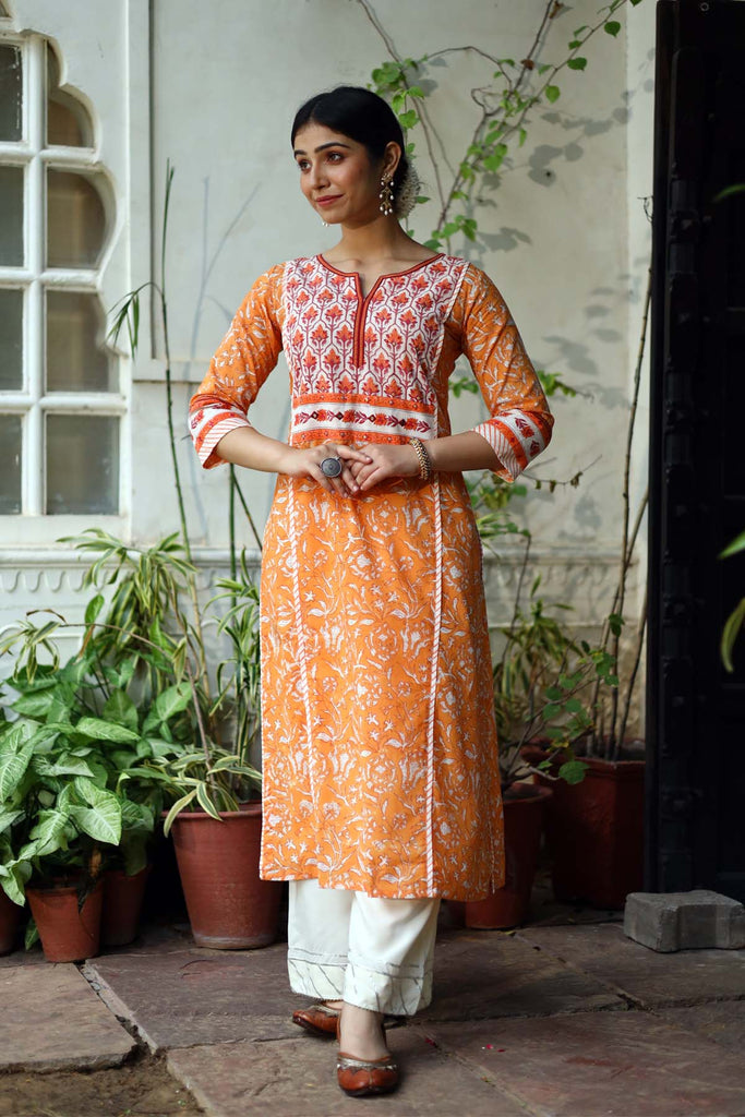A-Line hand block print Kurta in Orange base color