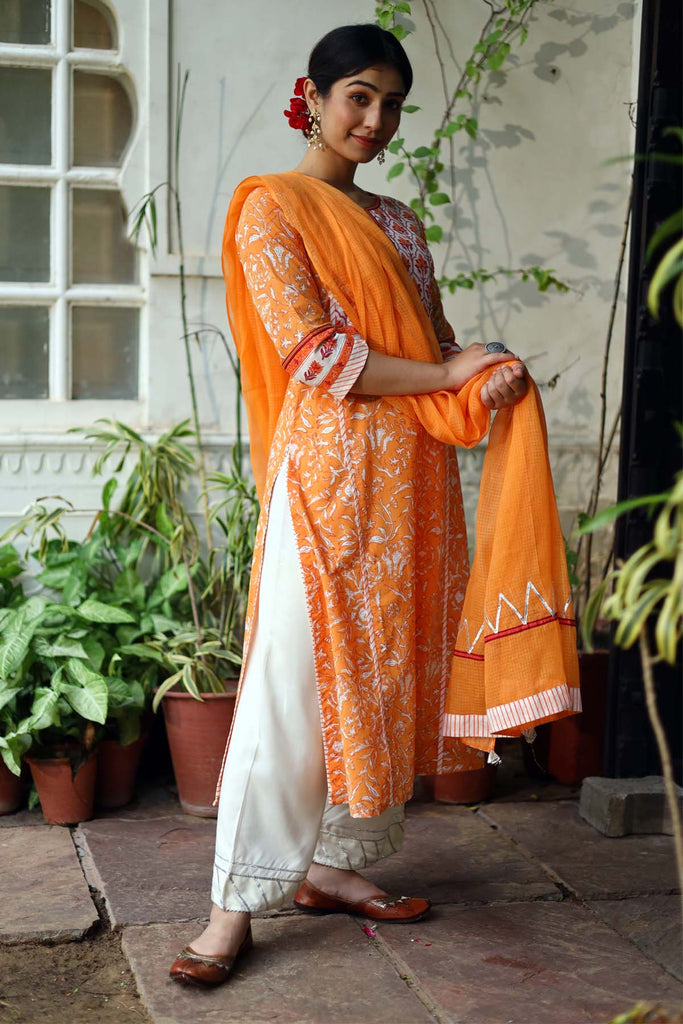 A-Line hand block print Kurta in Orange base color
