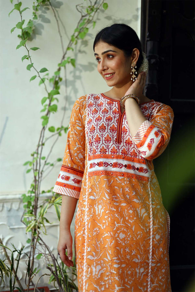 A-Line hand block print Kurta in Orange base color