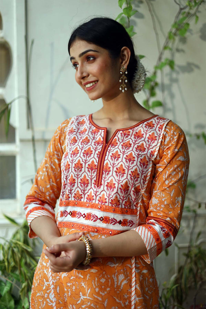 A-Line hand block print Kurta in Orange base color