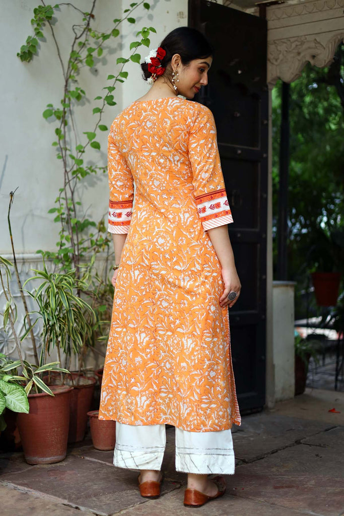 A-Line hand block print Kurta in Orange base color