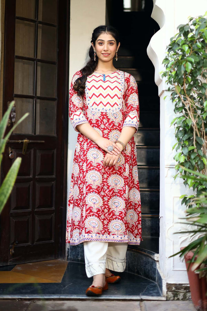 Red A-Line kurta in hand block cotton